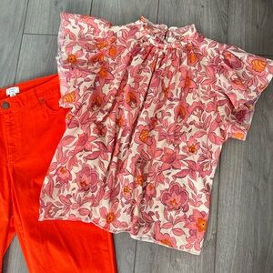 Trovata Pink and Orange Floral Flutter Sleeve Blouse